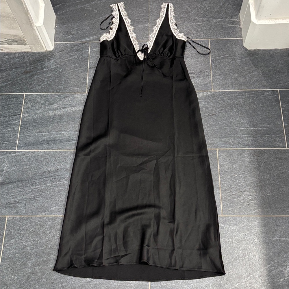 Black Satin Maxi with White Lace trim